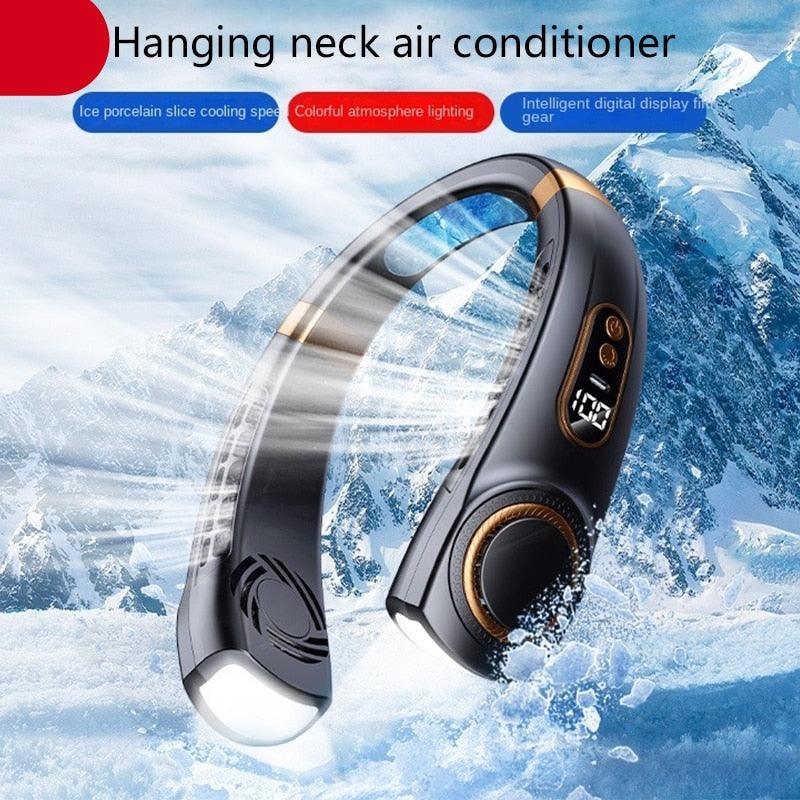 Hanging Neck Fan Ice Magnet Cooling Portable Neck Fan Type-C Mute Multifunctional Leafless Electric Fan With Light Rechargeable Hands Free Bladeless Fan 5 Speeds Operated Wearable Personal Fan (Copy)