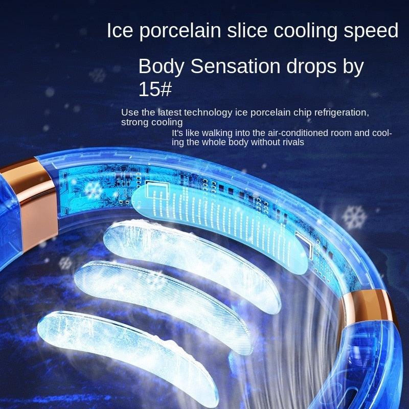 Hanging Neck Fan Ice Magnet Cooling Portable Neck Fan Type-C Mute Multifunctional Leafless Electric Fan With Light Rechargeable Hands Free Bladeless Fan 5 Speeds Operated Wearable Personal Fan (Copy)