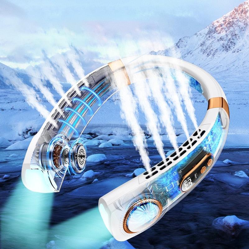 Hanging Neck Fan Ice Magnet Cooling Portable Neck Fan Type-C Mute Multifunctional Leafless Electric Fan With Light Rechargeable Hands Free Bladeless Fan 5 Speeds Operated Wearable Personal Fan (Copy)